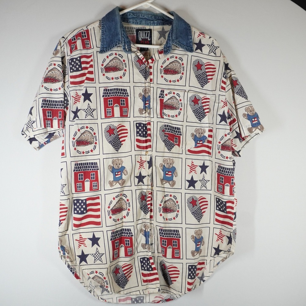 VTG Quizz Plus Button Down Shirt 14/16 Cream Americana Teddy Bear Fourth of July